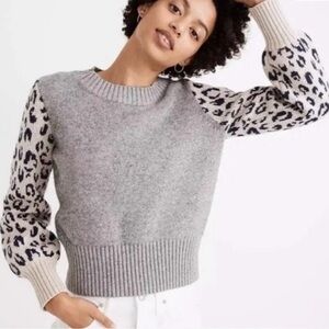 Madewell Gray Sweater with Leopard Print Sleeves